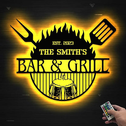 Custom Bar LED Sign - Personalized BBQ Sign, Beer Metal Wall Art, 16-Color LED with Remote Control, Light Up Grill Decor for Patio, Home Bar, Backyard BBQ Decorations