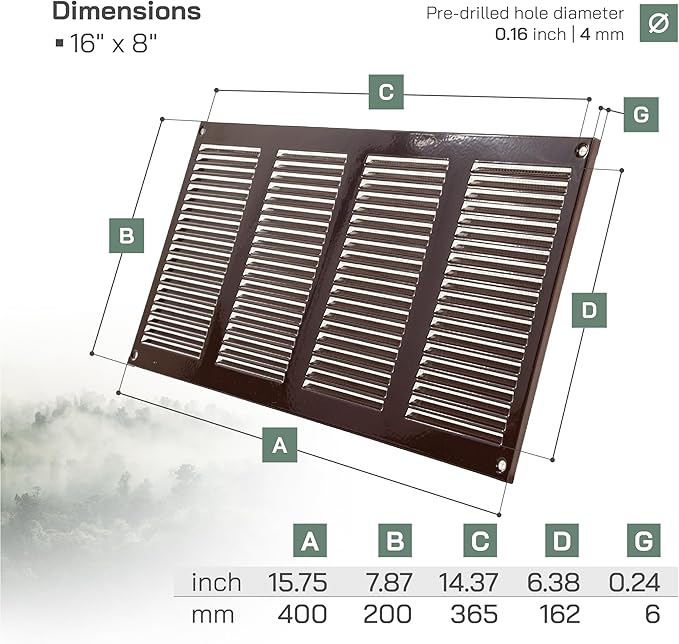 Vent Systems 16" x 8" Inch (Overall Dimensions) Pack of 5 - Brown - Air Vent Cover Metal Air Return Grill with Built-in Pest Guard Screen HVAC Vent Duct Cover for Home Improvement