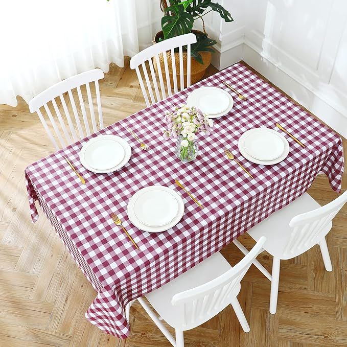 Romanstile Rectangle Vinyl Tablecloth, 100% Waterproof Buffalo Gingham Plastic Table Cloth, Heavy Duty Wipeable Checkered Table Covers for Outdoor, Camping, Picnic, Patio - 60 x 102, Burgundy