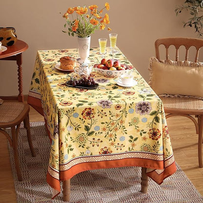 Vintage Linen Tablecloth for Rectangle Table,Yellow Floral French Wrinkle Free Extra Long Tablecloths,Decor Table Cover for Kitchen,Dining,Thanksgiving,Farmhouse,63" × 110"-Bellano