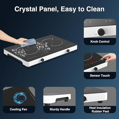 Double Induction Cooktop, 2 Burner Induction Burner 20 Temperature & Power Levels Portable Electric Stove Countertop Burners, Knob Control, Child Safety Lock & 4H Timer, Auto Shut-Off