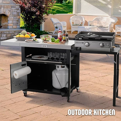 Grill Table,Outdoor Kitchen with Cabinet Outdoor Grill Table with 2 Foldable Side Tables Stainless Steel Top for Outdoor Kitchen Cabinets, Bar Cart, Movable Grill Cart with Pull-Out Plate, L74”x W24”