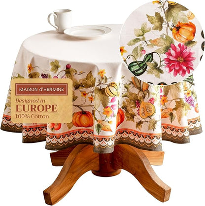 Maison d' Hermine Table Cloth Round Table 100% Cotton 63 Inches Fall Tablecloth Reusable Everyday Use for Thanksgiving Christmas Decorations Dining Farmhouse Party (Pumpkin Garden - Cloudy Cream)