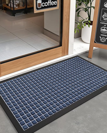 DEXI Front Door Mat Outside Entrance, 17x29 Rubber Entry Doormat Heavy Duty, Welcome Mats Non Slip for Inside House Floor Entryway Double Doors Exterior Patio, Checkered Blue
