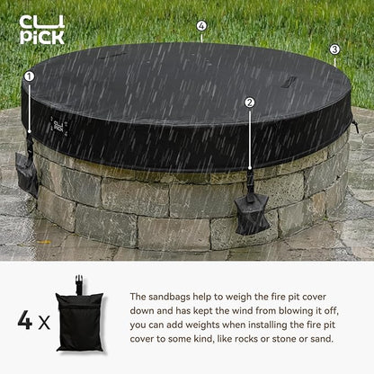 Outdoor Fire Pit Cover Round,In Ground Fire Pit Cover with Sandbag,Heavy Duty Waterproof Firepit Cover,Suitable for 56-60 Inch Round Built in Stone Firepits,Black