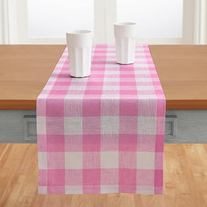Solino Home Linen Checkered Table Runner 36 Inches - 100% Pure Linen Buffalo Check Pink Begonia Table Runner 14 x 36 Inch Ideal for Dresser and Coffee Tables, Valentines, Spring, Easter