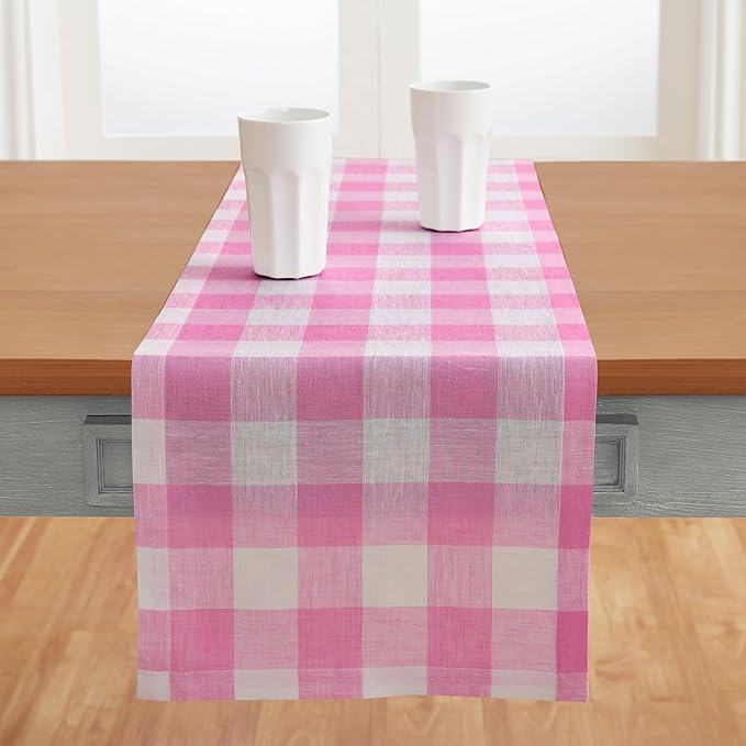 Solino Home Linen Checkered Table Runner 156 Inches Long - 100% Pure Linen Buffalo Check Pink Begonia Table Runner 14 x 156 Inch Ideal for Dining, Valentines, Spring, Easter