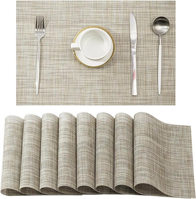 Leetaltree Linen Yellow Placemats Set of 8 - Heat Resistant Non-Slip Place mats for Dining Table, Washable Durable PVC Vinyl Woven Table Mats（Linen Yellow, 8）