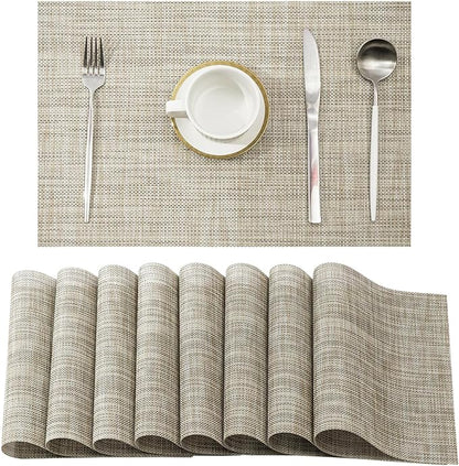 Leetaltree Linen Yellow Placemats Set of 8 - Heat Resistant Non-Slip Place mats for Dining Table, Washable Durable PVC Vinyl Woven Table Mats（Linen Yellow, 8）