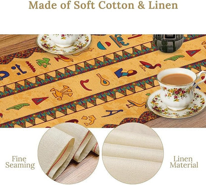 Egyptian Table Runner, Colorful Ancient Egyptian Hieroglyphs Floral Geometric Table Runner for Kitchen Family Dining Holiday Party Farmhouse 13x60in
