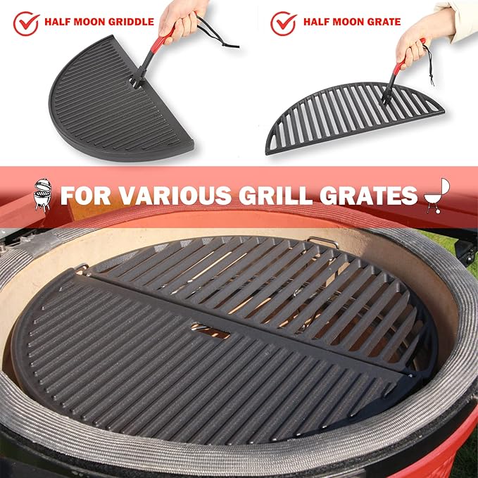 KAMaster Cast Iron Grill Grate Lifter,Grid Lifter Gripper Work for Big Green Egg Accessories Kamado Grill Joe Primo Vision Louisiana Grills,Grate Lifters with Red Protective Cover for Moving Hot Grate