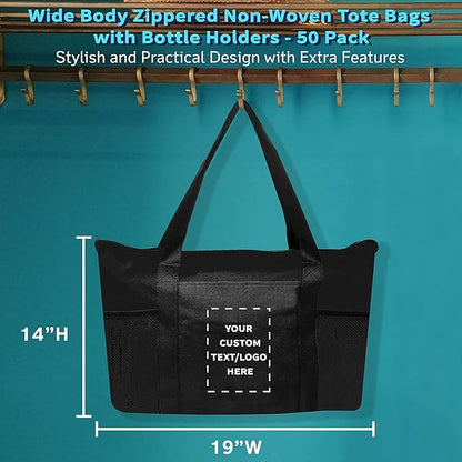 DISCOUNT PROMOS 50 Zippered Non-Woven Tote Bags Set - Customizable Text, Logo - Mesh Pocket, Zippered, Recyclable, Reusable - Black - 19"X14"X3", with Zipper