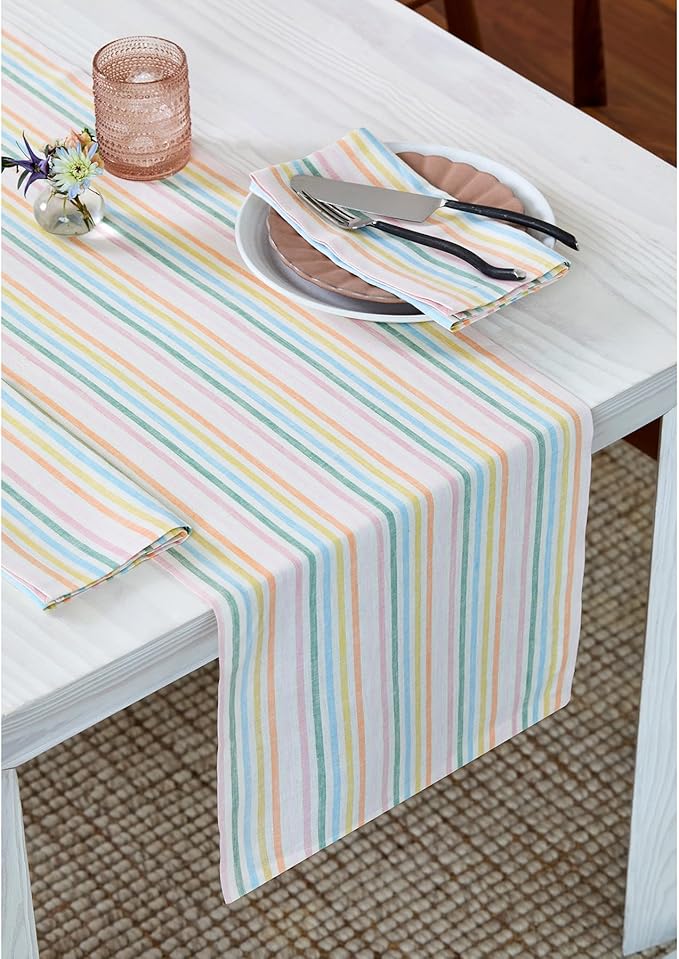 Solino Home Striped Linen Table Runner 144 Inches Long - Julia 100% Pure Linen Multicolor Muted Pastel Stripe Dining Table Runner 14 x 144 Inch for Spring, Easter