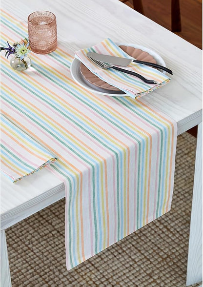 Solino Home Striped Linen Table Runner 60 Inches - Julia, 100% Pure Linen Multicolor Muted Pastel Stripe Small Table Runner 14 x 60 Inch Ideal for Dresser and Coffee Tables, Spring, Easter