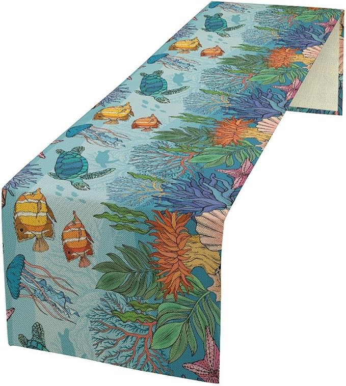 Coastal Table Runner, Ocean Nautical Coral Starfish Seashell Sea Turtle Table Runner for Dining Table Kitchen Party Picnic Home 13x108in