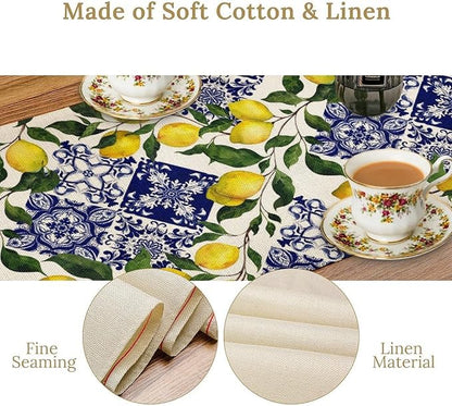 Lemon Fruit Nature Table Runner Farmhouse Talavera Ethnic Folk Rustic Watercolor Blue Dining Table Decoration for Home Holiday Party Dresser Kitchen Cabin Restaurant Wedding Decor 13×70in