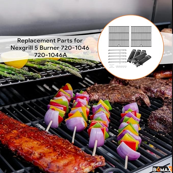 Grill Grates Replacement for Nexgrill 5 Burner 720-1046 720-1046A, Cooking Grate Replacement for Nexgrill Replacement Parts 5 Burner, Cooking Grate, Heat Shield and Burner Kit for Nexgrill 720-1046