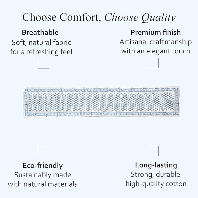 CPC Cotton Table Runner 16x90 Inch Block Printed Long Fall Table Runner for Dining Table, Card Table, Coffee Table, Wedding, Farmhouse & Outdoor Barbeque-Apatite Blue