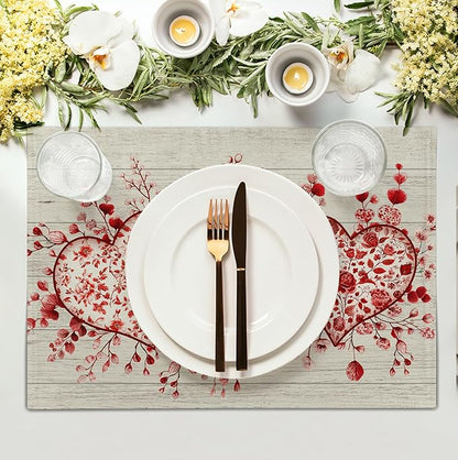 Valentine Wooden Heart Placemats Set of 4, 12x18 Inch Valentines Chinoiserie Red Floral Dining Table Placemats Heat Resistant Washable Table Mats for Kitchen Dining Holiday Indoor