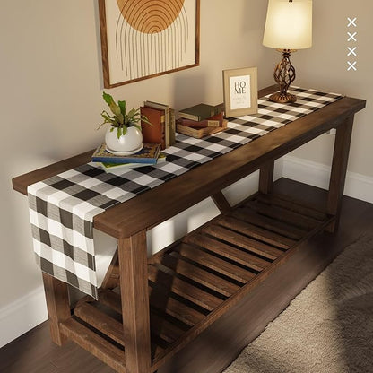 Encasa XO Cotton Dining Table Runner | Buffalo Black Checks | Size 13x120 in - Machine Washable & Durable