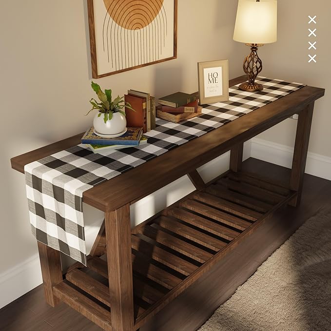 Encasa XO Cotton Dining Table Runner | Buffalo Black Checks | Size 13x48 in - Machine Washable & Durable