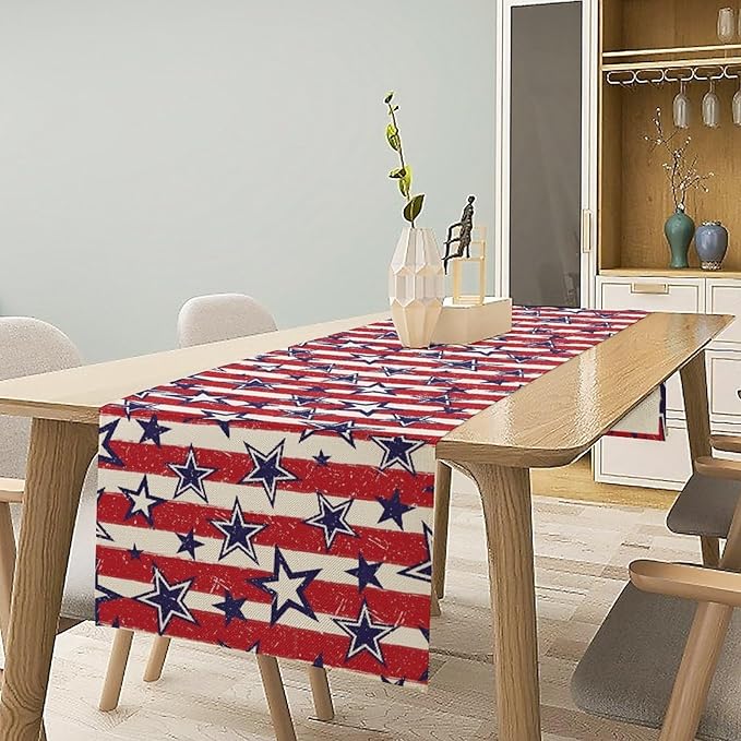 4th of July Table Runner, Vintage American Independence Day Stripes and Stars Patriotic Table Center Decor for Home Kitchen Dining Party Outdoor Holiday 13x90in