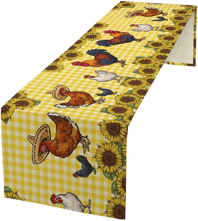 Farm Rooster Table Runner, Retro Western Farmhouse Chicken Sunflower Retro Yellow Buffalo Grid Print Table Runner for Dinning Holiday Party Indoor Outdoor Decor, 13x36inch