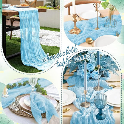 8 Packs Cheesecloth Table Runner 10FT Long Boho Gauze Fabric Table Runner Vintage Rustic Sheer Runners for Wedding Party Bridal Baby Shower Table Decorations (Light Blue)