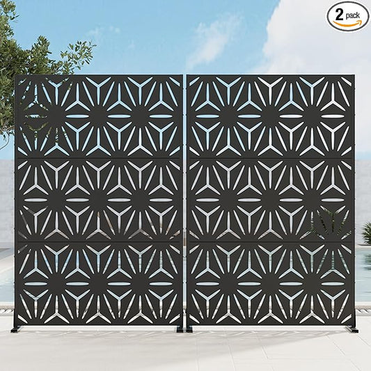 Casaphoria 72" H x 45" W Metal Privacy Screen, 2 Pack Outdoor Freestanding Decorative Divider for Patio & Garden with Stable Base, Black-Star