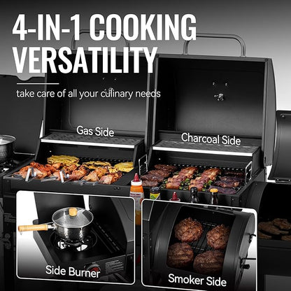 2-Burner Gas and Charcoal Combo Grill with Offset Smoker & Side Burner, 34,000 BTU Dual Fuel Grill, 1020 Sq. In. Cooking Area, Ideal for Outdoor Cooking, Black, ZH3005Y-SC