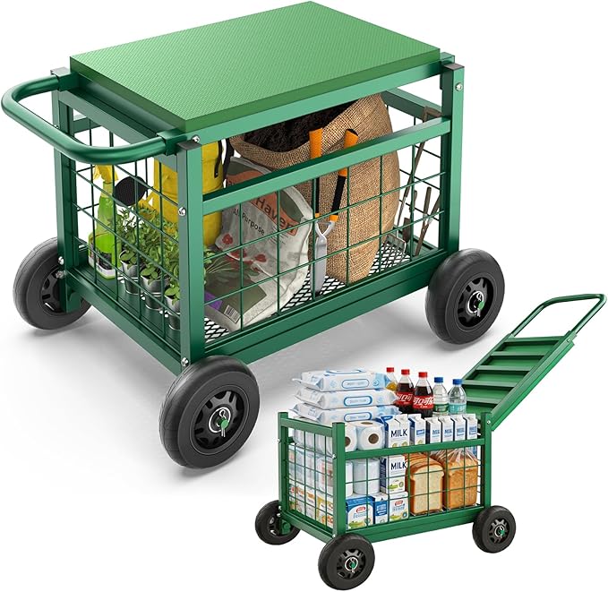 Extra Large Garden Cart with Seat, 3-in-1 Rolling Workseat with Wheels | by FlinterOfficial
