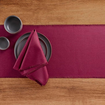 Solino Home Fringe Linen Table Runner 90 Inches Long - 100% Pure Linen Beet Dining Table Runner 14 x 90 Inch for Valentines, Winter