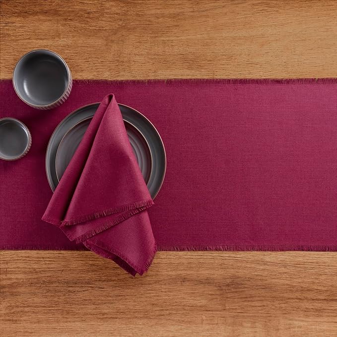 Solino Home Fringe Linen Table Runner 36 Inches - 100% Pure Linen Beet Table Runner 14 x 36 Inch Ideal for Dresser and Coffee Tables - Winter, Valentines