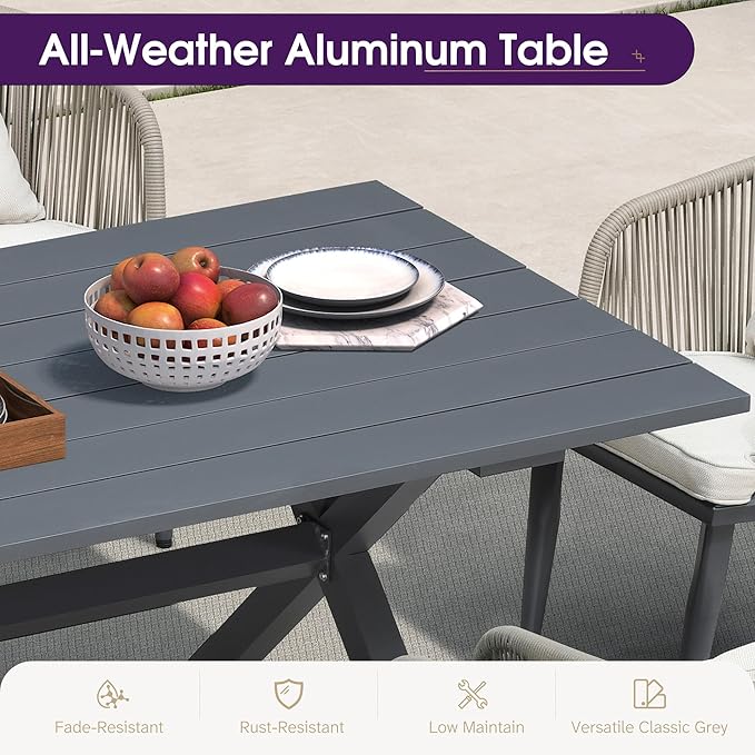 PURPLE LEAF 7 Pieces Patio Dining Set Wicker Outdoor Furniture Rectangular Table and Chairs Set for Garden Deck Aluminum Frame Backyard Kitchen Set, Cushions and Pillows Included Taupe