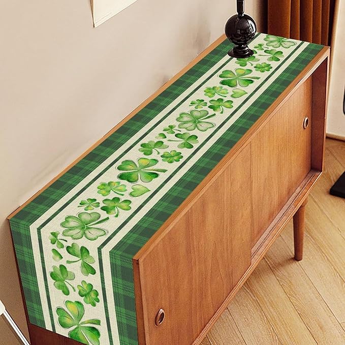 St.Patrick's Day Table Runner,Vinatge Rustic Green Buffalo Plaid White Shamrock Watercolor Table Center Decor for Home Kitchen Dining Patio Holiday Party Indoor Table Decorations, 13"x90"