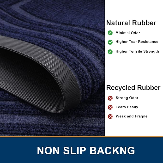 Buganda Front Door Mat Indoor Outdoor Entrance, Non-Slip Natural Rubber Doormats, Easy Clean, Low Profile, Dirt Trapper Entryway Floor Mats for Outside, Garages and Patios, 29.5x17, Navy