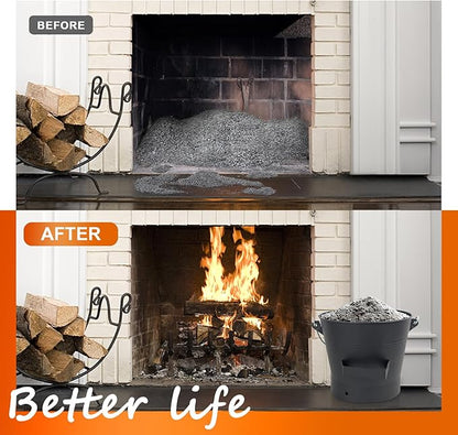 Ash Bucket with Lid and Shovel, 2.6 Gallon Metal Fireplace Ash Bucket with Broom, Complete Fireplace Tools Set for Wood Stove and Fireplace