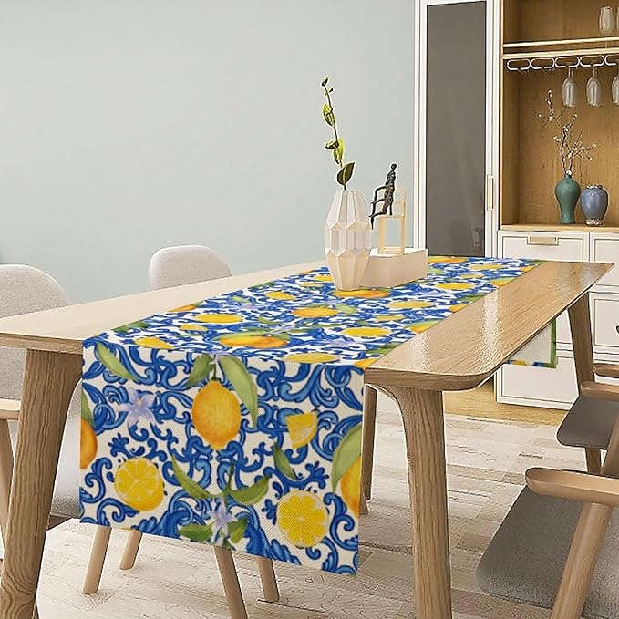 Rustic Lemon Table Runner,Vintage Morocco Blue Mediterranean Spring Summer Fruit Print Table Runner for Farmhouse Kitchen Dining Table Home Party Decor 13x90in