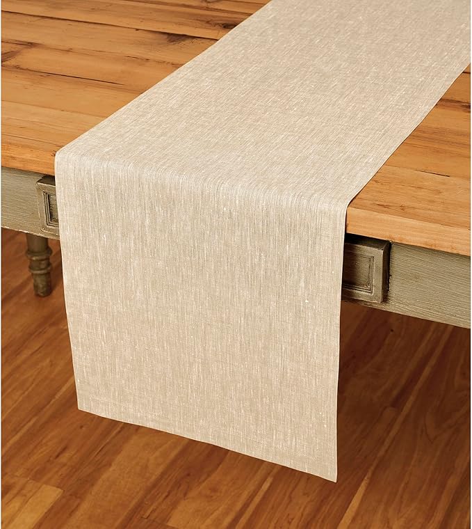 Solino Home Linen Champagne Beige Table Runner 132 Inches Long - Athena, 100% Pure Linen Dining Table Runner 14 x 132 Inch for Spring, Easter