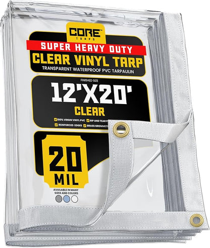Core Tarps 20 Mil Extreme Heavy Duty Clear Tarp with Gromments - 12x20ft Super Clear Tarps Heavy Duty Waterproof Vinyl Tarpaulin, Transparent Tarp for Outdoor, Camping & Construction, Clear