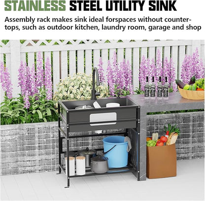 Black 30x18 Inch Freestanding Utility Sink-Stainless Steel Laundry Sink Practicality With Accessories Black Stainless Faucet,Soap Dispenser, SS Sink Grid For Laundry,Garage,Outdoor Kitchen,Garden...