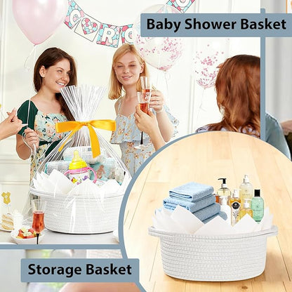 Baskets for Gifts Empty with Bag Card Ribbon Tissue Paper Small Woven Basket Gift Baskets with Handles for Valentine's Day New Year Baby Shower (White 12"X 8" X 5")