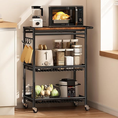 Microwave Kitchen Cart with Push Handle, 3 Tier Rolling Cart with 2 Lockable Wheels, Vintage Kitchen Storage Cart with 210Lbs Capacity for Kitchen Island, Restaurant, Coffee Bar, Living Room, Office