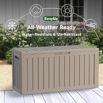 EasyUp 80 Gallon Outdoor Storage Box Waterproof, UV Resistant Resin Deck Box with Hydraulic Rod, Reinforced Stability for Patio, Garden, Striped Gray
