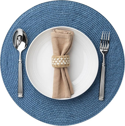 Round Placemats Set of 4 Plastic Woven Placemats Washable Wipeable Table Mats for Dining Table Heat Resistant Non-Slip Circle Place Mats (Royal Blue)