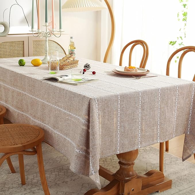 Chassic 60 x 60 inches Farmhouse Style Linen tablecloths, Wrinkle Resistant Washable Dining Room Table Cloths for Square Tables - Hemstitch Light Coffee