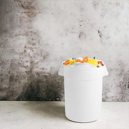 PRO&Family Commercial Round Trash Can with Lid and Dolly Rolling Waste Container, Ingredient Bin, Heavy-Duty Plastic, Anti-Static, Kitchen, Office, Outdoor Use (White, 32 Gallon)