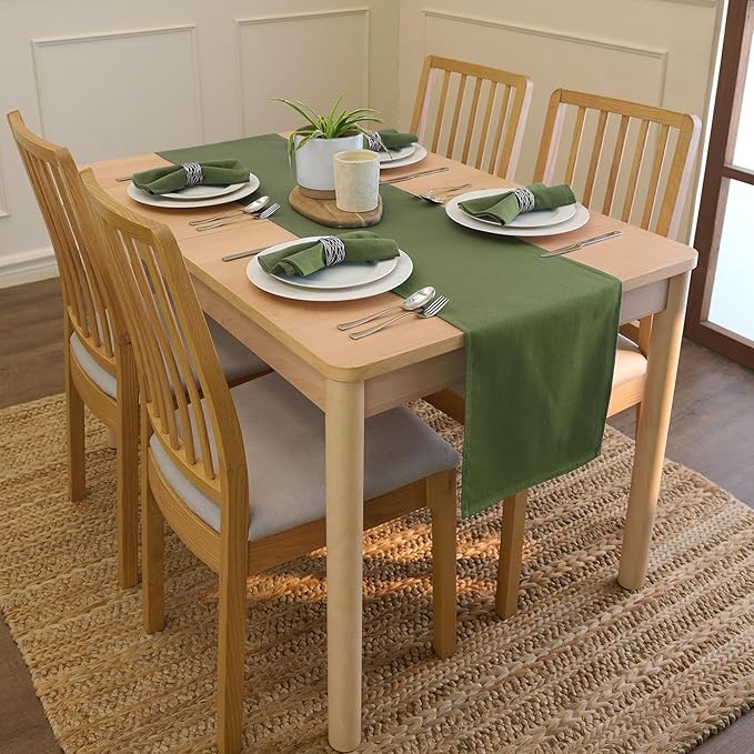 Encasa XO Table Runner 13"x72" Long | Cotton Canvas Fabric | Leaf Green Solid Color | Machine Washable & Durable