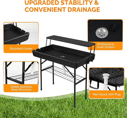 VINGLI Portable Cooler Table with Extra Storage Shelf, Alloy Steel, Black, Picetable Model