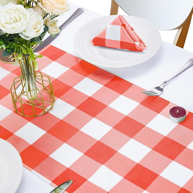 Fabric Checkered Table Runner 1 Pack Waterproof Gingham Table Runner 14W x 108L Buffalo Check Table Runners for Parties Kitchen Dining Wedding Banquet (Red and White)